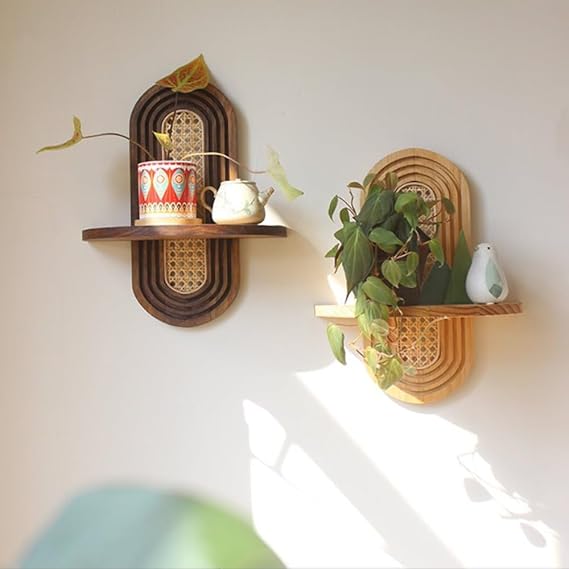 2 Pcs Arch Rattan Floating Shelf, Mid-Century Wood Wall Mounted, Morden Rattan Wall Shelf, Bohemian Hanging Shelf, Arch Wall Decor for Bedroom Living Room Display(Multi-Colored)