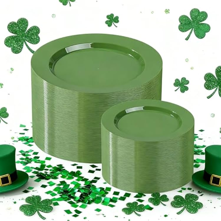 I00000 200 Pcs Green Plastic Plates, St. Patricks Day Disposable Plates Include 100 Dinner Plate 10 & 100 Dessert Plate 7 Perfect for St Patricks Day Party