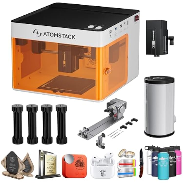 ATOMSTACK P1 5W Laser Engraver, R8 Rotary chuck and high base plastic, D3 Air Purifier, Wood, painted metal, plastic