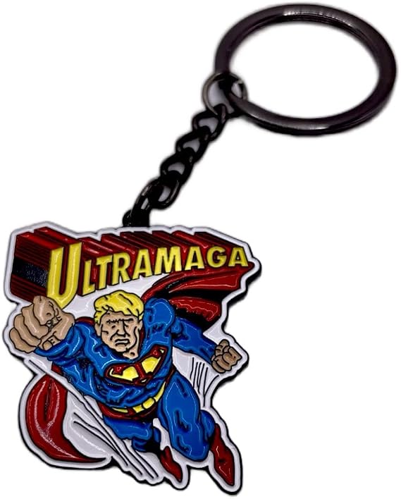 Donald Trump President MAGA Metal Ceramic superhero Keychain for Bags, Keys, and Backpacks - Durable and Hilariously Funny Unique Design