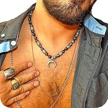 Liliya Jewelry Mens Labradorite Necklace - 19.5 Inch Half Moon Pendant - Grey Gemstone Beaded Mala - Silver Crescent Charm - Tribal Boho Gift for Him