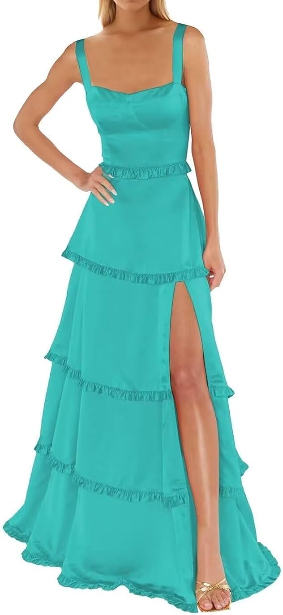 Changuan Satin Bridesmaid Dresses for Women Long Spaghetti Strap Tiered Prom Dresses Aline Formal Evening Party Gowns Slit
