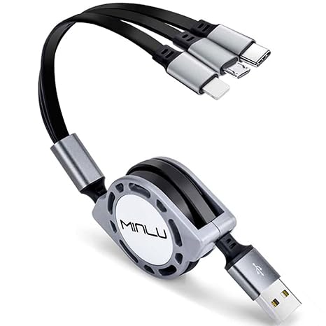 Minlu Einziehbares Multi USB Kabel [3A 1.2M] 3 in 1 Mehrfach Universal Ladekabel Schnellladekabel mit iP/Micro USB/ Typ C für Phone17/16/15/14/13/12/11/Xs/Xr/X/8/7/AndroidGalaxyHuaweiNexusLGPS4/5 Universal Schnellladekabel mit iP/Micro USB/ Typ C für iPhone17/16/15/14/13/12/11/Xs/Xr/X/8/7/AndroidGalaxyNexusLGPS4/5