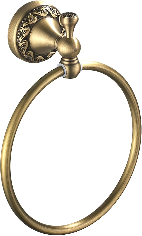 Flybath Round Towel Ring Antique Brass Exquisite Pattern Carving Hanger Hand Towel Holder for Bathroom Kitchen Accessories Wall Mounted, Brushed Brass