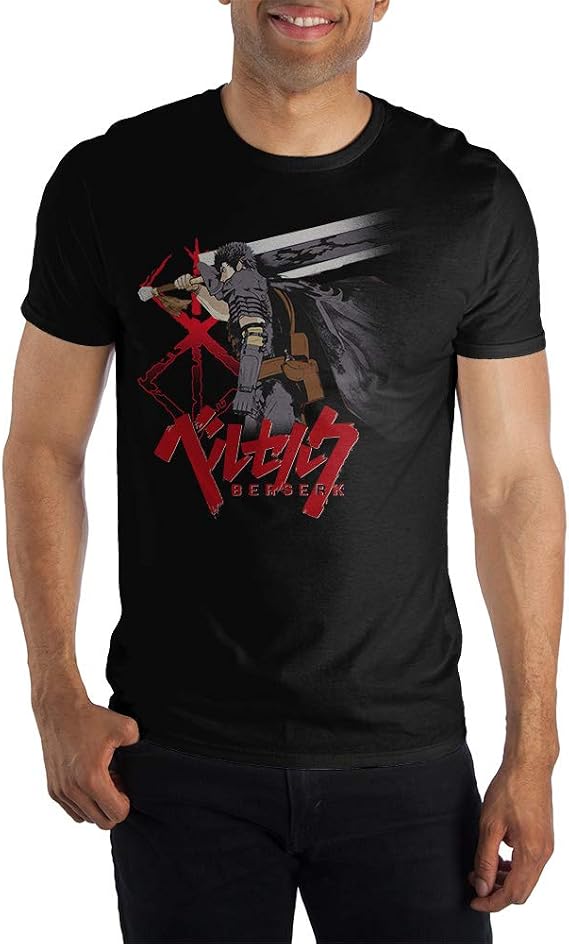 Berserk Guts Character, Dragon Slayer Sword Dark Anti-Hero with Brand of Sacrifice, Black T-Shirt Manga Anime Story Theme