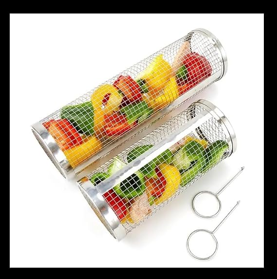 Rolling BBQ Grilling Basket with lid | Stainless Steel Barbecue Grill Basket for outdoor | BBQ Round Mesh Cylinder Cooking Accessories | Portable Grill, Dishwasher Safe, for Vegetables, Fries - 1 PC (2-Pack (With Stand))