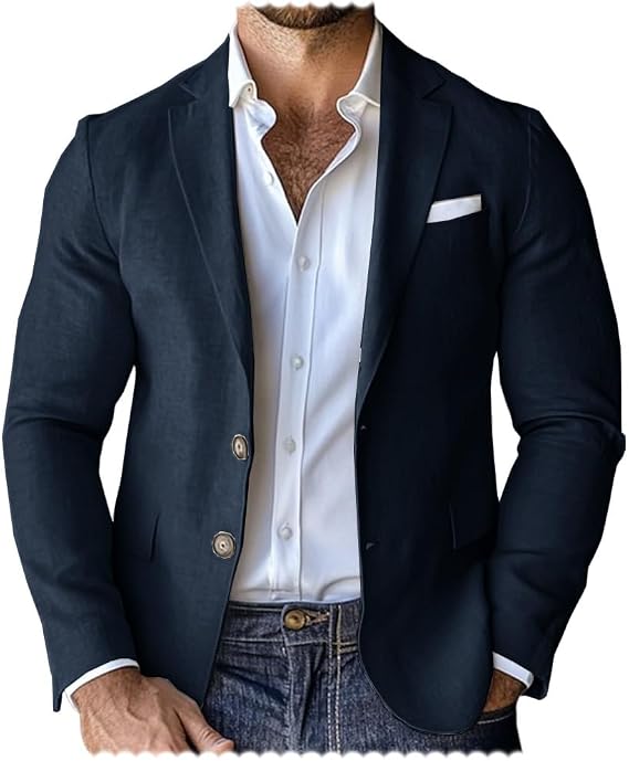 Men Suit Jacket Cotton Linen Classic Long-Sleeve Blazer with Pocket