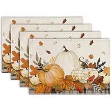 Simpeak Thanksgiving Placemats, 12x18 Inch Pumpkins Fall Harvest Placemats Set of 4, Seasonal Maple Leaves Autumn Table Mats Place Mats for Thanksgiving Party Kitchen Dining Decoration