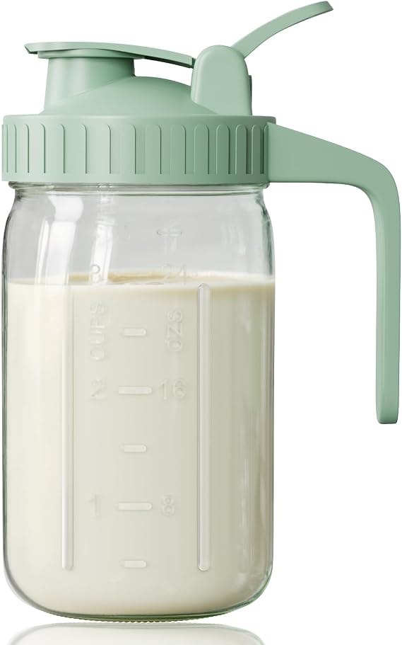 32 oz Breast Milk Pitcher, Glass Mason Jar Pitcher with Lid | Airtight, Leak Proof, Wide Mouth, Pour Spout Lid, Thick Glass, Fridge Safe, Ergonomic Handle, Easy to Clean