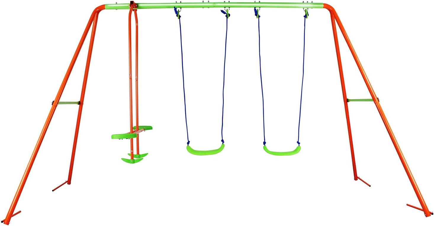 DRM 130in Extra Large Kids Swing Sets for Backyard，Metal A-Frame Swing Set with Two Swings and Seesaw, 4 Stations Swing Playset with Glider Swing