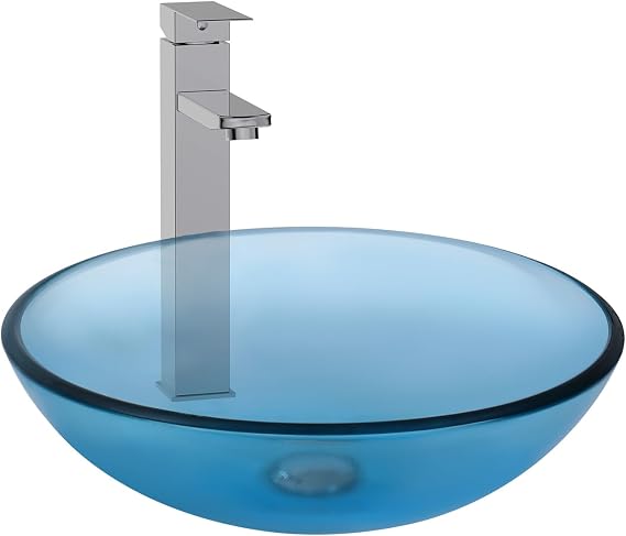 Bathroom Vessel Sink, Tempered Glass Vanity Round Bowl with Chrome Faucet and Pop up drain Set, Blue