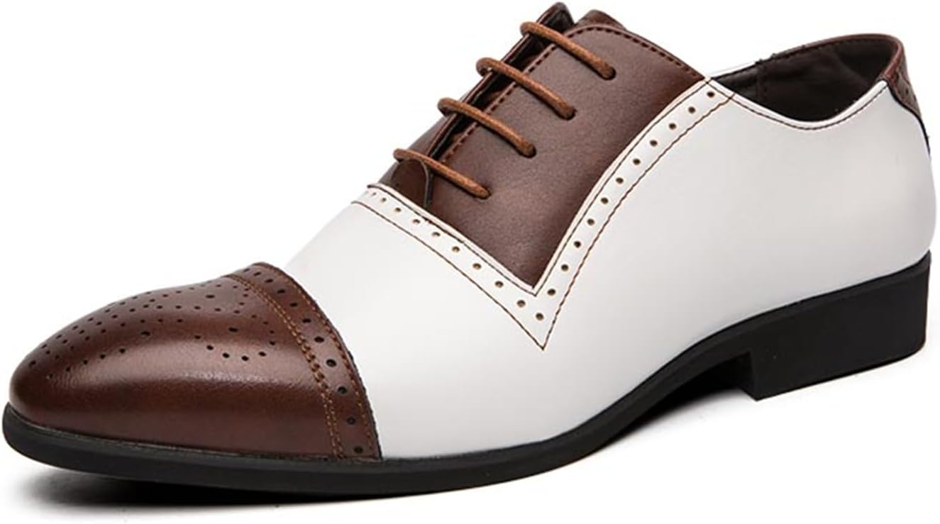 Mens Oxford Dress Shoes Multicolor Brogues Wing Tips Lace Up Patchwork Two Tone Color Round Toe BrownWhite,12.5