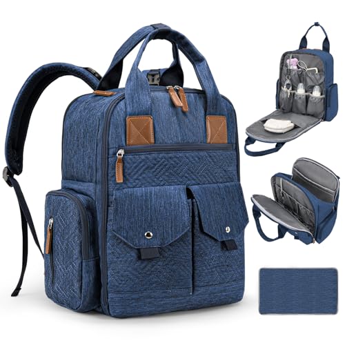 Diaper Bag Backpack - Large Diaper Bag with Portable Changing Pad as Baby Shower Gifts, Lightweight Waterproof Unisex Travel Baby Bag with 4 Insulated Pockets and Stroller Buckles, Dark Blue
