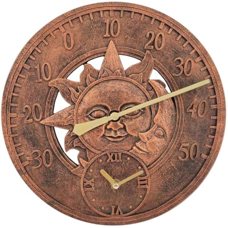 Garden Thermometer Clock Red Copper Effect Sun & Moon Garden Wall Clock, 30cm Large Waterproof Wall Clock Thermometer Weather Station Decorative Retro Resin Ornament for Indoor Outdoor Wall Decor