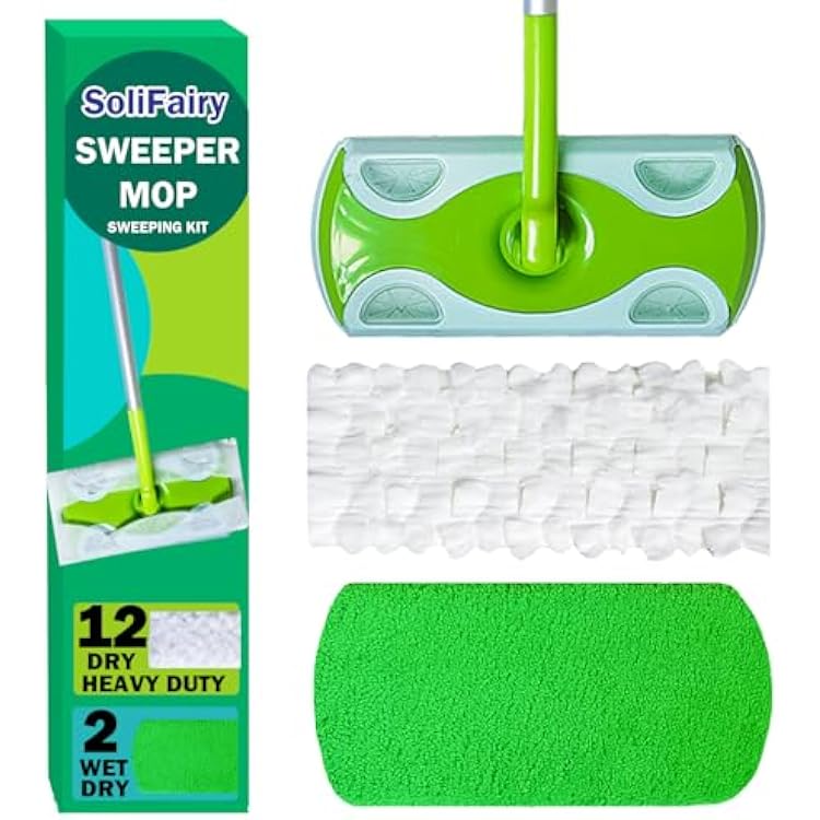 Sweeper Mop, Dry & Wet 2-in-1 Floor Mopping and Sweeping Kit, Includes 51 Sweeper Handle, 12 Heavy Duty Dry Cloths, 2 Reusable Wet & Dry Pads for Swiffer Sweeper, Dust Mop