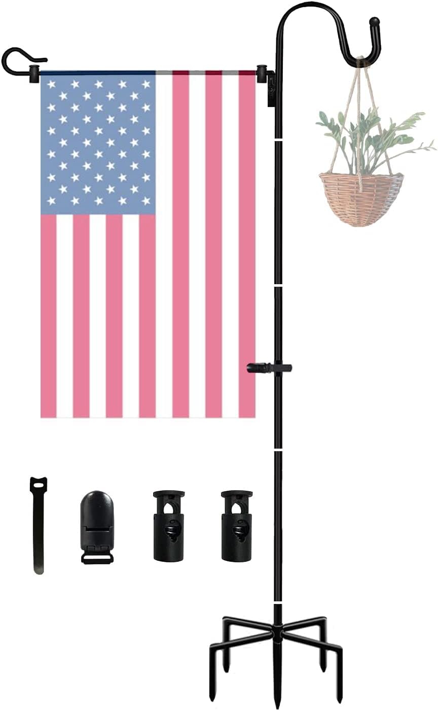 Shepherds Hook Garden Flag Holder Bird Feeder Pole for Hanging Flag Holders, Light and Bird Feeder Pole Holders ,Plants, String Lights, 38" - 63" Freely Adjustable Height. 63inch