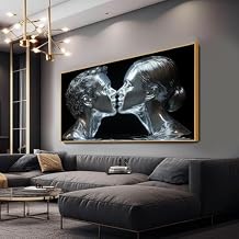Glethua Couples Canvas Wall Decor, Kissing Couple Picture Wall Art, Silver Modern Abstract Man and Woman Painting Art, Romantic Love Bedroom Home Decor (Gold Framed, 23"x13"/60x35cm)