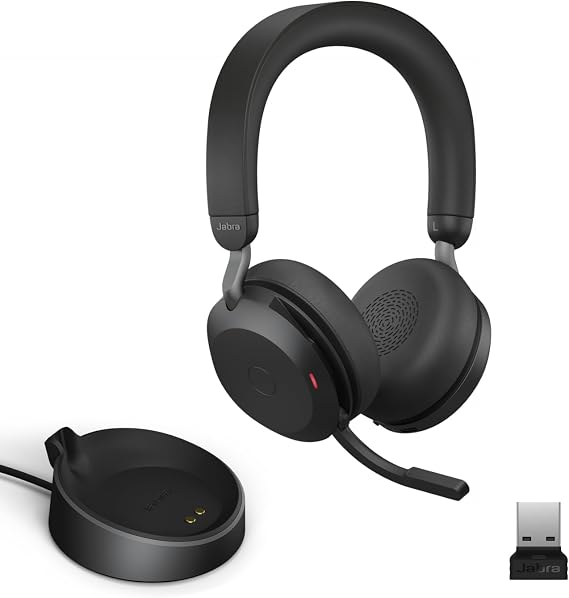 Jabra Evolve2 75 PC Wireless Headset with Charging Stand and 8-Mic Technology - Dual Foam Stereo Headphones with Advanced Active Noise Cancelling, USB-A Bluetooth Adapter and UC Compatibility - Black