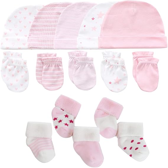 MAMIMAKA Baby Boys Caps Mittens and Thick Warm Socks Cotton Newborn Essentials Accessories (Hats+Gloves+Terry Socks), 0-6 Months