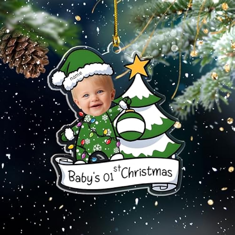 Pavo Personalized Babys First Christmas Ornament 2025, Custom Acrylic Photo Ornament for Boys or Girls, Green Holiday Tree Design, Unique Newborn Gift, 4-6 Inches
