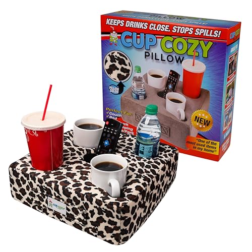 The Original Cup Cozy Pillow Gray-As Seen on TV-The Worlds Best CouchBedCar Cup Holder for DrinksSnacksRemotes! Cheetah Leopard, 5 Hole