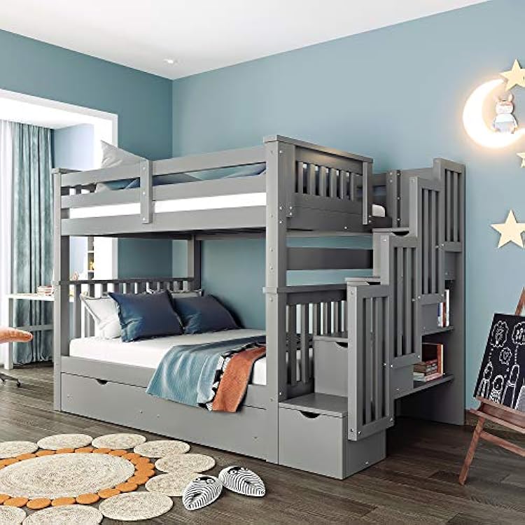 Stylish Full Over Full Bunk Bed with Shelves and 6 Storage Drawers, Suitable for Children, Teenagers, Adults, Bedroom Gray#U~