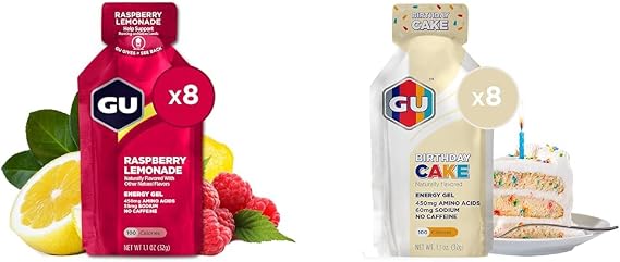 GU Energy Gel 8-Count Raspberry Lemonade and Birthday Cake Sports Nutrition Energy Gel Bundle