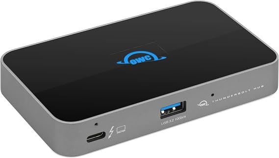 OWC Thunderbolt Hub 5-Port Connectivity Solution | Up to 60W PD - 3x Thunderbolt 40Gb/s device ports - USB-A 10Gb/s - Up to one 8K or two 4K displays - Mac, PC, iPad, more