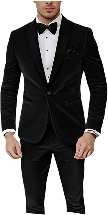 ONAXTDA Men's Velvet Jacket Pants Set Suit One Button 2 Piece Business Formal Party Tuxedo