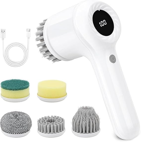 Electric Cleaning Brush Cordless, IPX6 Waterproof Electric Spin Scrubber, Sonic Scrubber with LED Display, 5Replacement Heads, 2 Adjustable Speeds Bathroom Brush for Kitchen/Tile/Garden/Floor/car