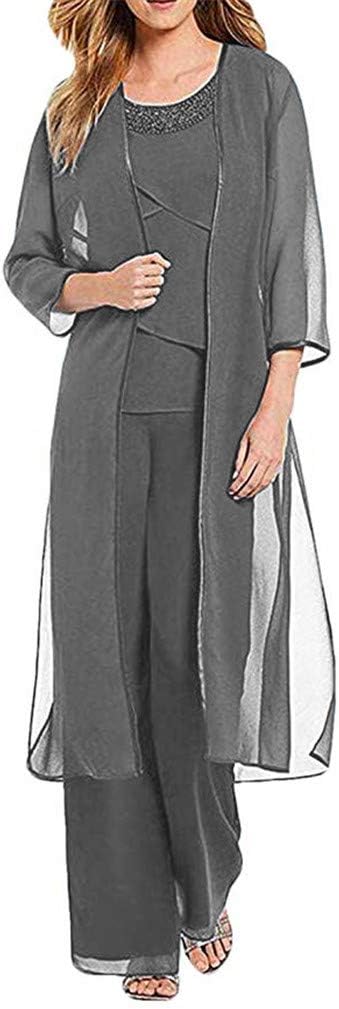 Mother Pant Suits Beaded Chiffon Jacket 3 Pieces Plus Size Dress for Mother of The Bride Grey