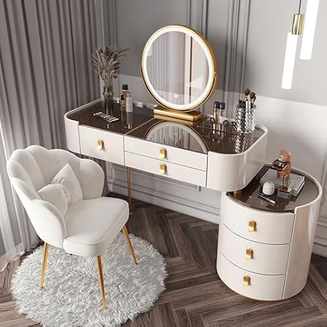 Makeup Table with Flip Top Mirror and Removable Storage Padded Seat Stool Led Smart Glass Dressing Table Chair Set,Lighted Vanity Desk Set with 3 Color Adjustable Mirror Glass Top Makeup Tab