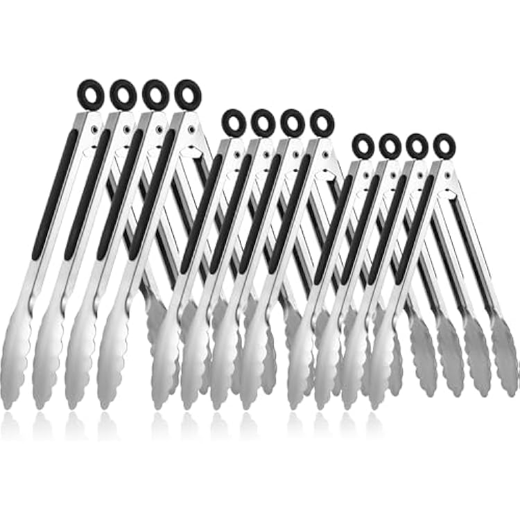 12 Pcs Serving Tongs for Cooking, 7 9 12 Heavy Duty Stainless Steel Lockable Kitchen Salad Tongs Small Grill Tong for Food, BBQ, Toaster, Non-slip Grip