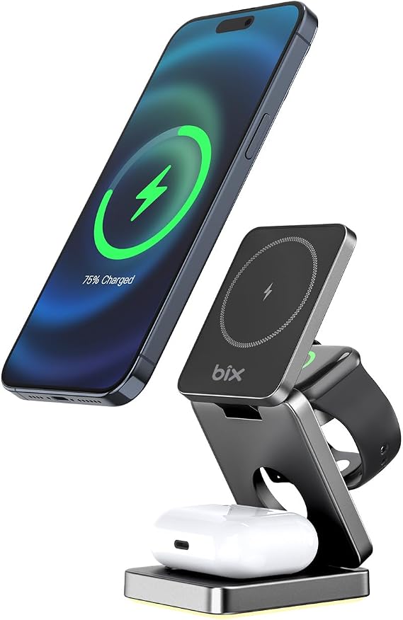 Bix BXMW7 3’ü 1 in 15W Wireless Charger iPhone 16, 15, 14, 13, 12 Series, Samsung Galaxy S24 Phones, AirPods and Apple Watch Compatible Foldable Magnetic Design Phone Stand