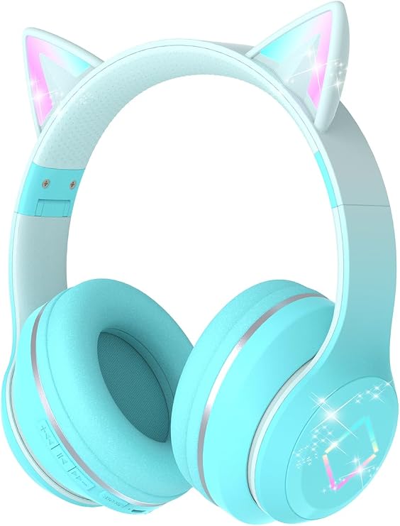 Bluetooth Kids Headphones,Cat Ear LED Light Up Kids Wireless Headphones,Bluetooth 5.1&Stereo Sound, Foldable,Adjustable Headband,Children Headphone with Microphone for School/Tablet (Green)