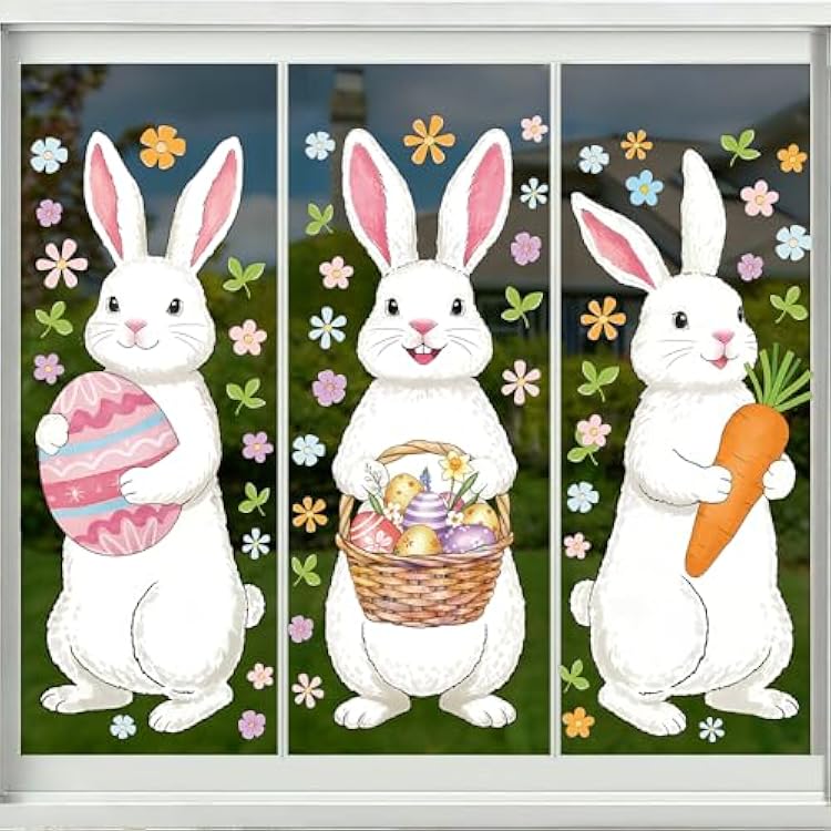 Extra Large Easter Window Clings Bunny Window Sticker Easter Bunny Wall Decals White Rabbits Glass Door Cling Farmhouse Spring Decorations for Home Holiday Party Indoor Office Decor Carrot 6 Sheets