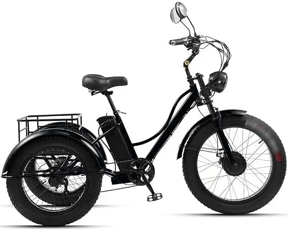24" Fat Tire Adult Trike 7 Speed, Low Step Through Frame/Large Basket, Adult Cruiser Bike + LCD Display + Headlights