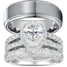 Wedding Rings for Him & Her, Men's Tungsten Band & White Gold Plated 6CT Bridal Set, Pear Cut Zirconia, Halo Pave Setting, Elegant Promise Rings for Couples