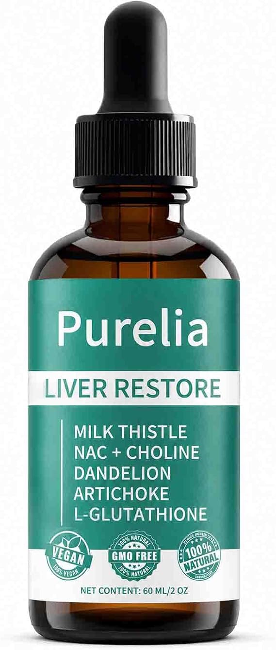 Purelia Liver Restore Drops- Complete Liver Detox Support Liquid Drops with Milk Thistle, Dandelion, Choline, L-Glutathione for Liver Cleanse (1)