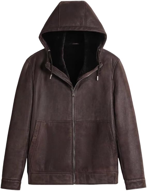 Denny&Dora Mens Spanish Merino Shearling Jacket, Genuine Sheepskin Hooded Coat, Full Shearling Winter Outerwear, Brown