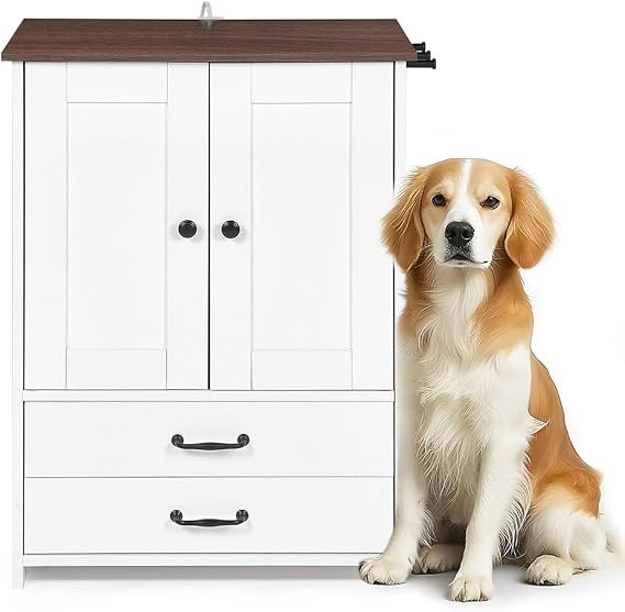 Dog Food Storage Cabinet, Modern Dog Feeding Station with 2 Adjustable Dog Bowls,Hidden Pet Feeder Station Wood, Dog & Cat Storage Organizer, for Feeding & Watering Supplies, White