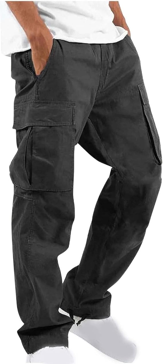 Mens Cotton Cargo Pants Casual Multi Pockets Solid Sweatpants Trouser Comfort Stretch Waist Outdoor Tactical Pant