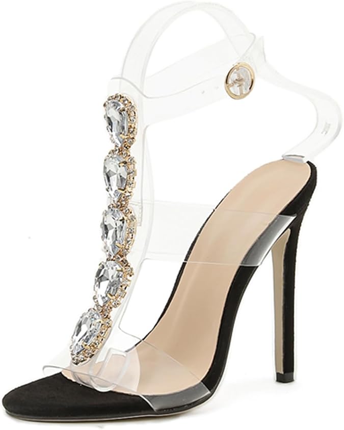 TDA Womens Transparent Rhinestone Sandals Ankle Strap Buckle Slingback Stiletto Shoes