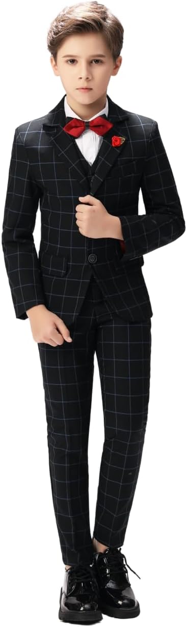 5 Piece Boy's Formal Plaid Suits Jacket+Vest+Pants+Shirt+Tie Kids Slim Fit BoysSuits Kid Toddler Tuxedo
