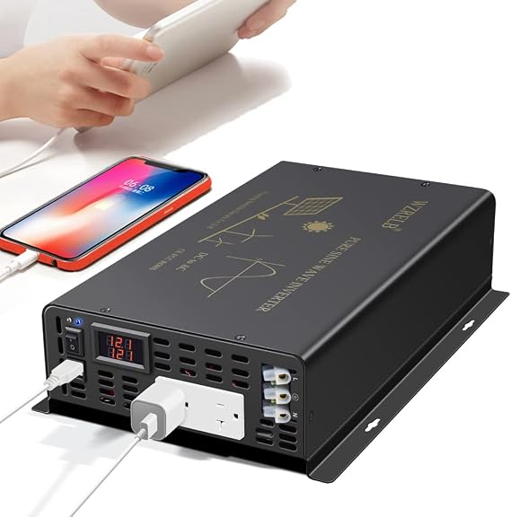 WZRELB 2500W Pure Sine Wave Power Inverter 12VDC to 120VAC 60HZ Dual AC Outlets 2 2.4A USB Port&Hardwire Terminal Off-Grid Solar Converter RV Trucks Home