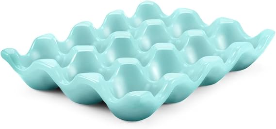 Flexzion 12 Cups Ceramic Egg Holder for Fridge - Dozen Ceramic Egg Tray Porcelain Container Storage Organizer Decorative Serving Stand Serveware for Refrigerator Countertop Display (Blue)
