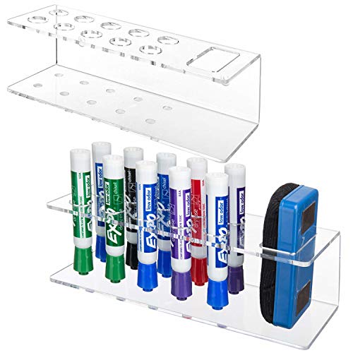 MyGift Wall Mounted Clear Acrylic Whiteboard Marker Holder with 11 Slots for Markers and Eraser, Office Supplies Accessories Storage Rack, Set of 2