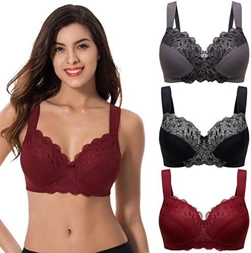 Curve Muse Plus Size Unlined Minimizer Wirefree Bras with Embroidery Lace-3Pack-Burgundy,Black,Grey-36D