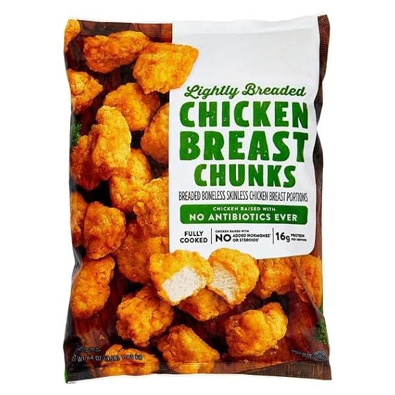 Lightly Breaded Chicken Breast Chunks, Fully Cooked White Meat Chicken, Crispy Bite-Size Pieces, Frozen & Ready to Heat, Perfect for Meals, Snacks & Family Dinners , Fully cooked and ready to heat, these bite-size chunks make meal prep quick and easy. Whether you're preparing a family dinner, a quick lunch, or a satisfying snack, they fit perfectly into any routine. [ 64 oz , 4 lb ]