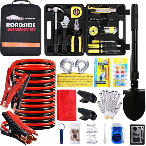 Car Emergency Roadside Kit - Roadside Assistance Emergency Kit, Car Emergency Kit with Jumper Cables, Safety Kits for Cars,Folding Shovel, Tow Rope,Car Tool Kit